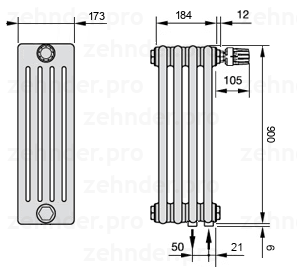 Схема (чертеж) Радиатор Zehnder Charleston 5090/4 №V002 Белый глянцевый RAL 9016